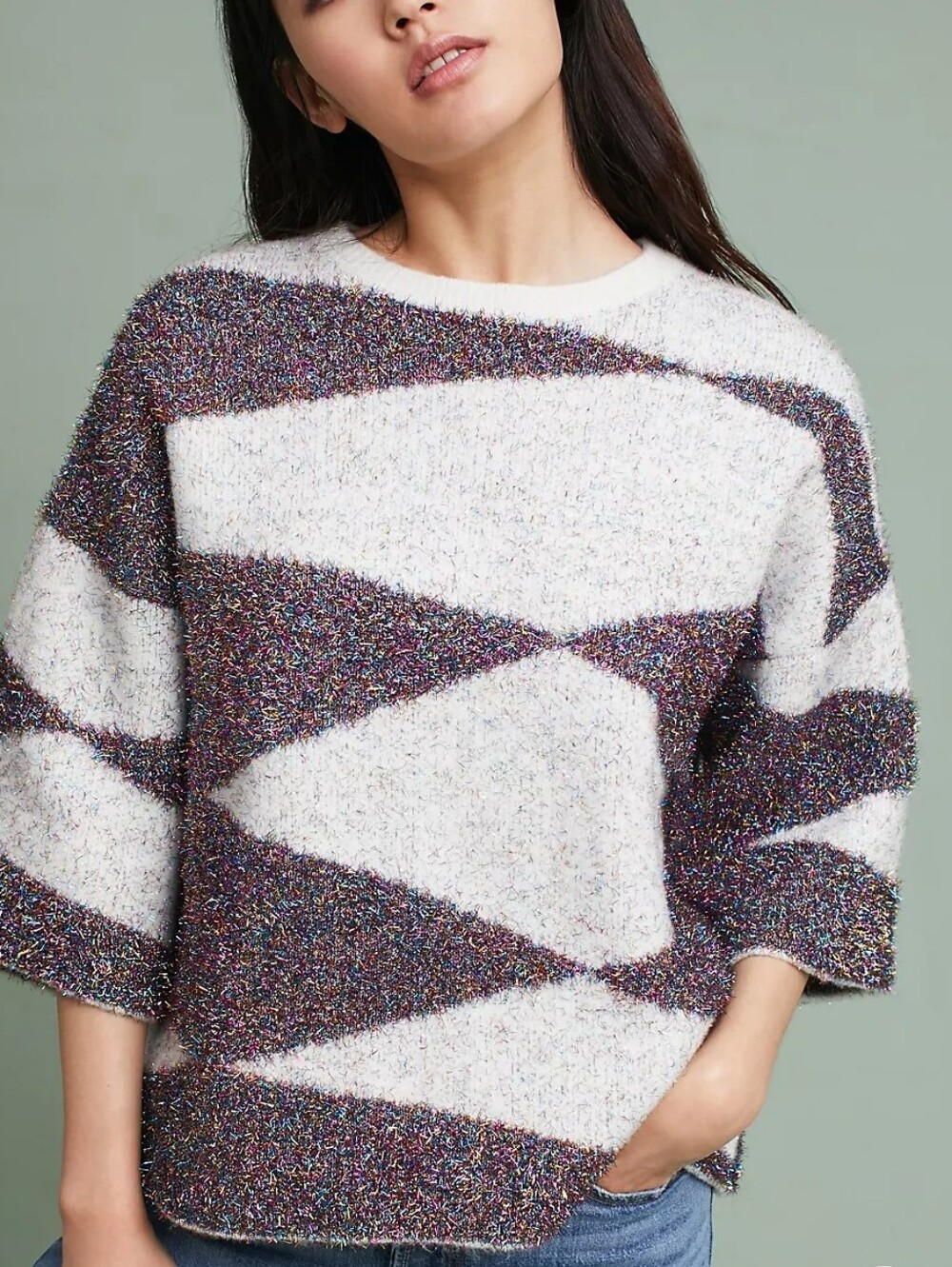 Moth Anthropologie Ivory Sweater with Multicolor Metallic Geometric Stripes XS